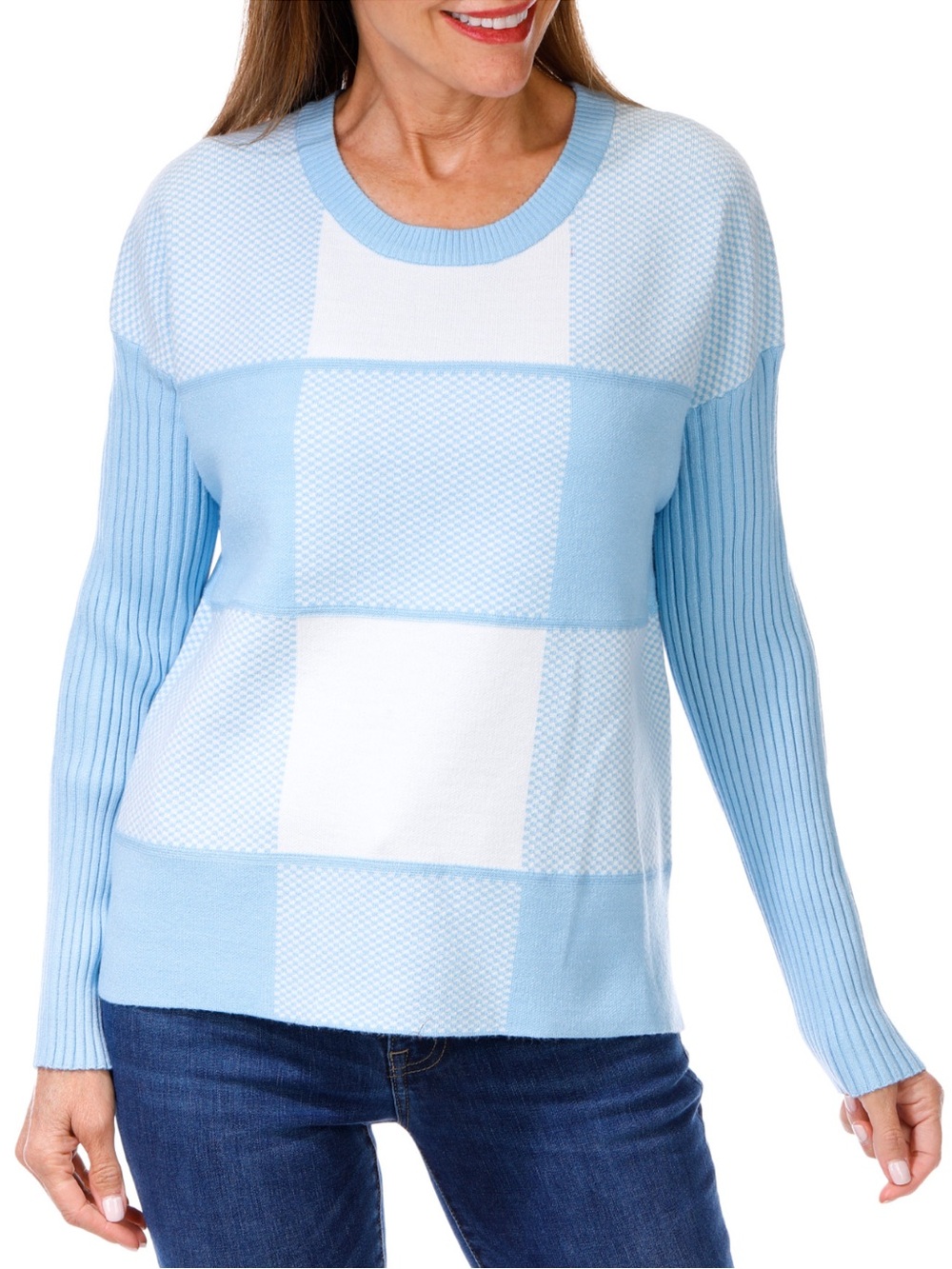 NWT Rio & Rian Light Blue & White Plaid Women's Sweater PM, PL, PXL, 1X & 2X